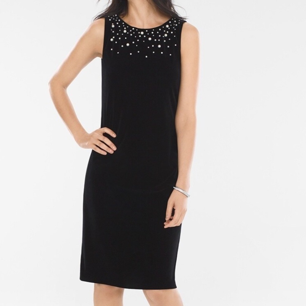 Chico’s Black Pearl Embellished Velvet Midi Trapeze Fit Holiday Dress Size 12